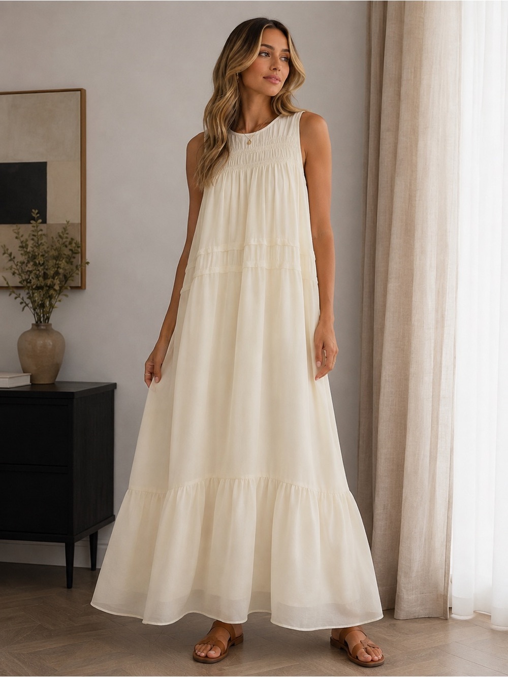 A New Day Cream Chiffon Maxi Dress Size Medium